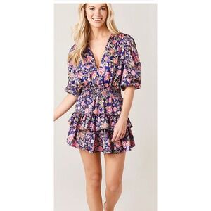 MISA Los Angeles Floral Mini‎ Dress Smocked Ruffle V Neck Short Sleeve XL